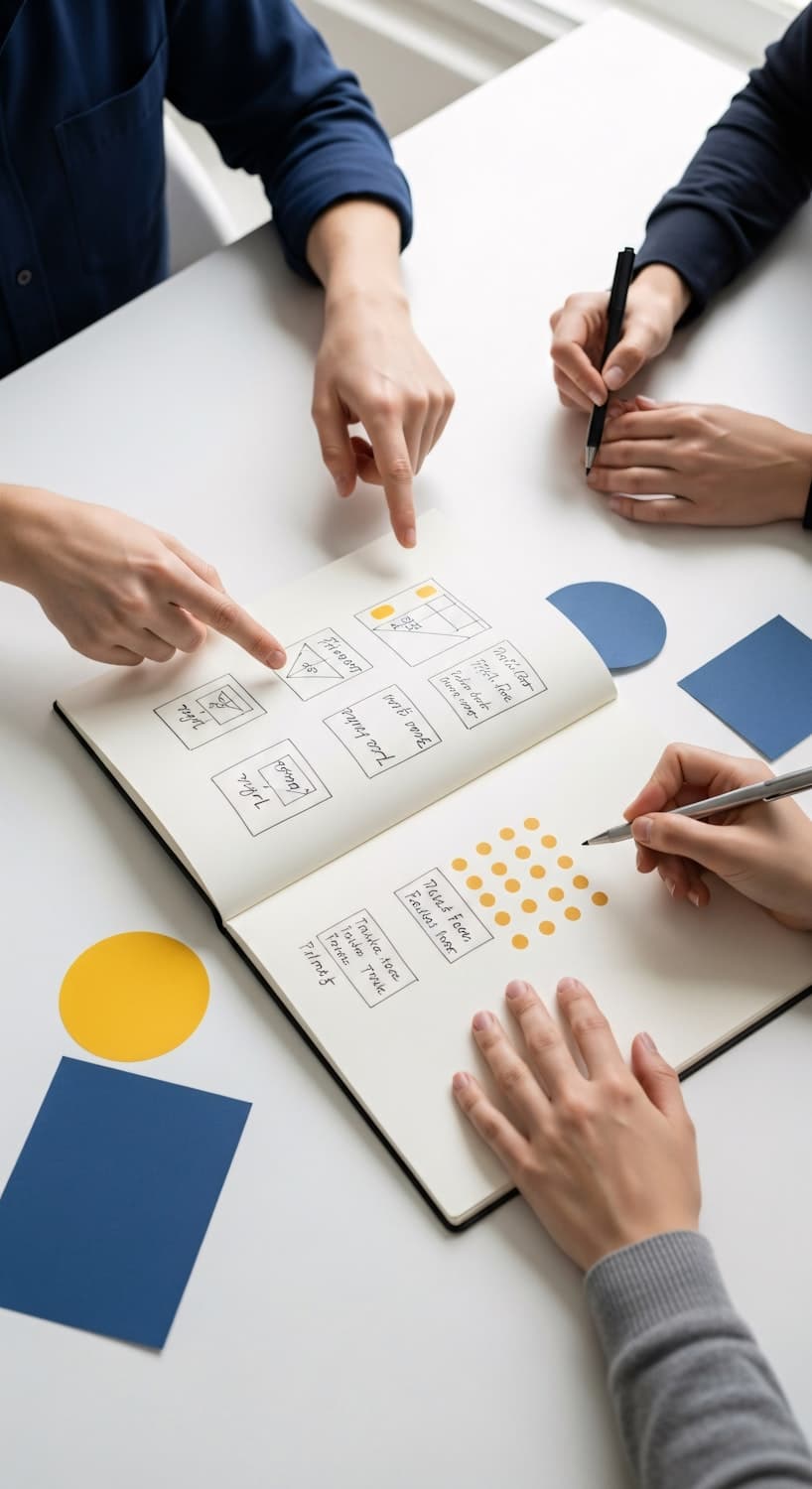 Three people sketching ideas and coloured shapes in a notebook on a white table