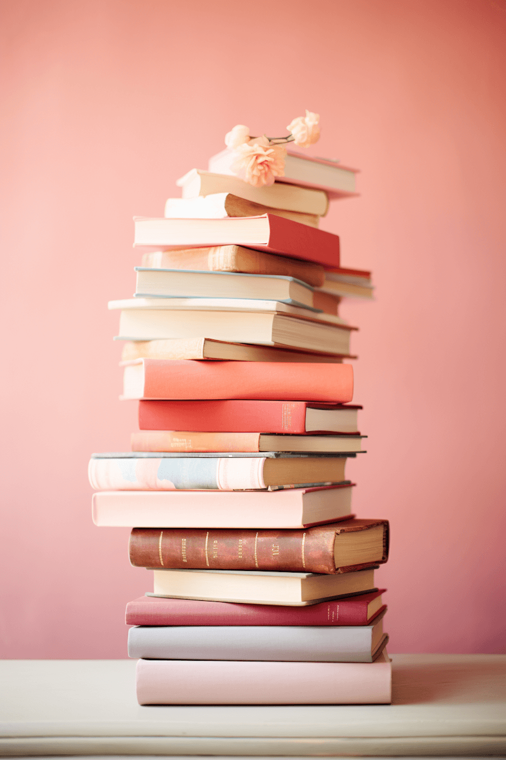A stack of pastel and warm-toned books with flowers resting on top