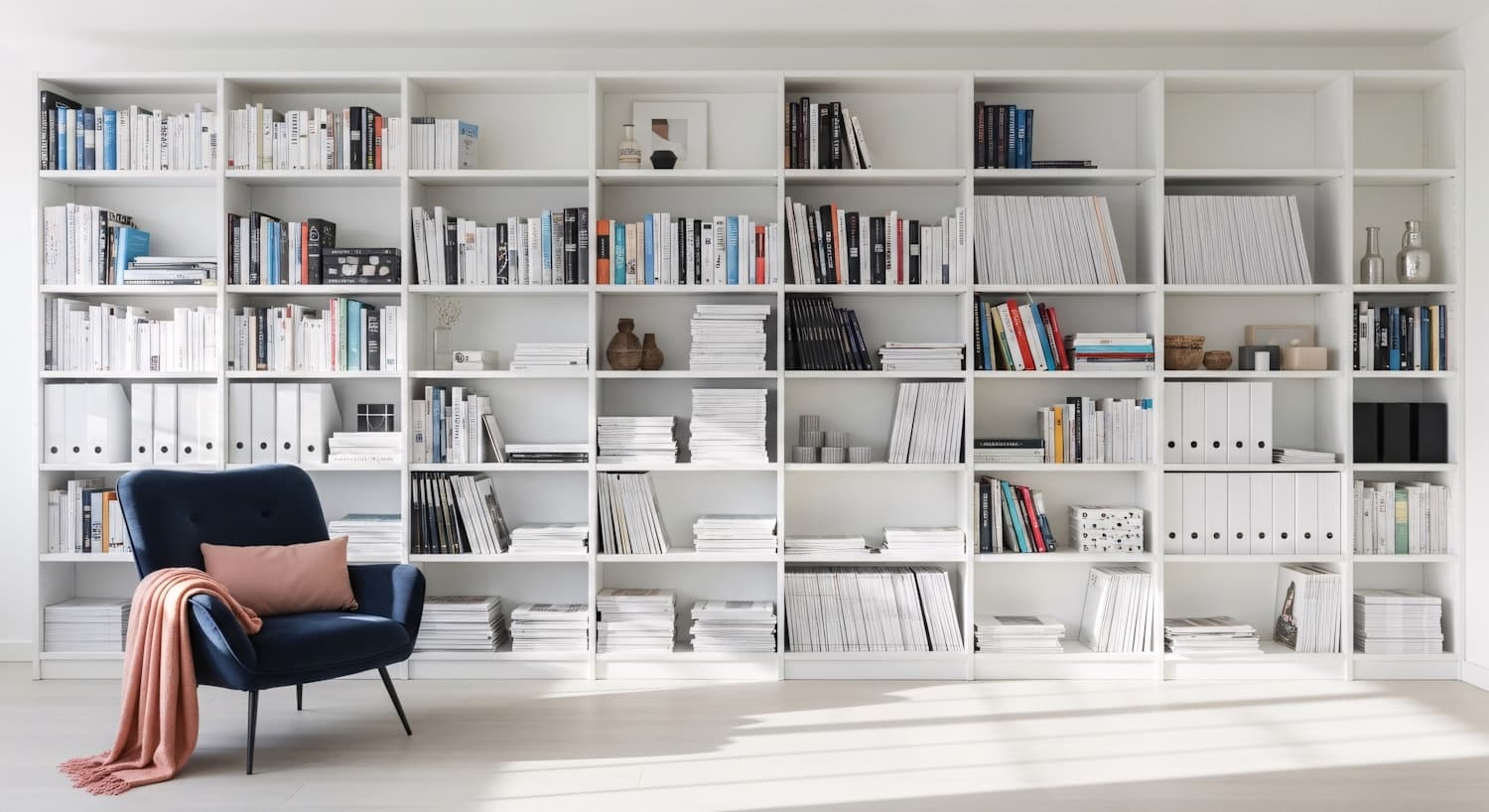 A reading nook with a navy armchair beside a tall white bookshelf in natural light