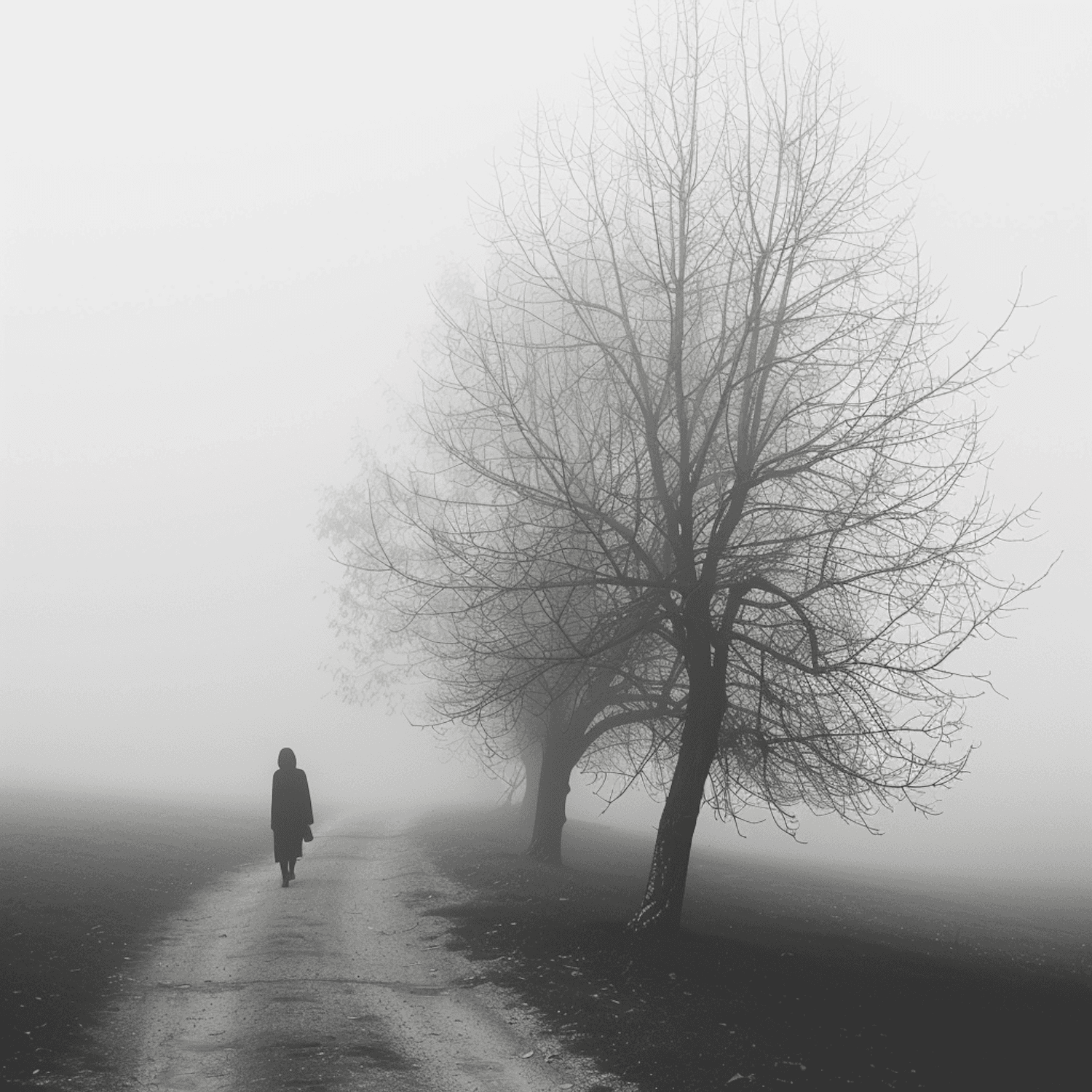 A lone figure walking down a foggy path lined with bare trees